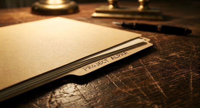An empty file folder laid flat on black wooden desk.