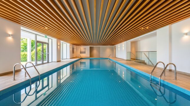 Modern indoor swimming pool with wooden slatted ceiling and large windows