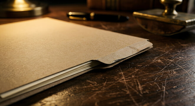 An empty file folder laid flat on black wooden desk.