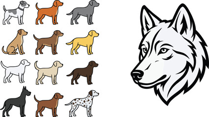 Dog Breed Icon Set with Colorful Puppy Collection and Husky Wolf Face Portrait Vector Illustration for Pet and Animal Design © MD