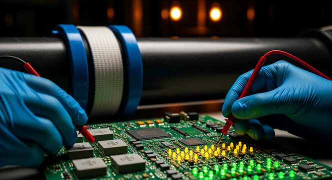 Hands in blue gloves testing a green circuit board with multimeter probes. Electronic components being analyzed in a high-tech facility. Engineering diagnostics and quality control concept.