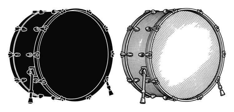 Classic bass drum musical instrument in vintage engraving style perfect for music event posters
