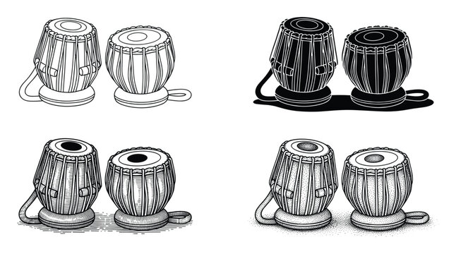 Set of traditional Indian tabla drums in four distinct graphic styles for cultural music themes