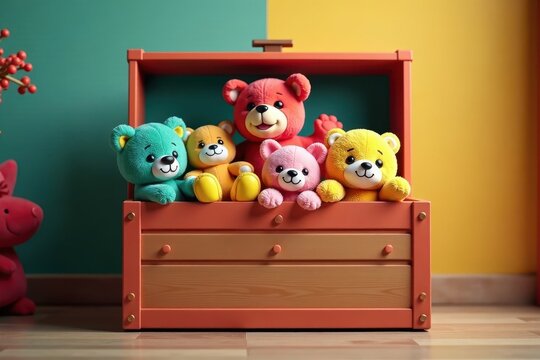 Colorful toy box filled with stuffed animals and action figures , playtime, surplus