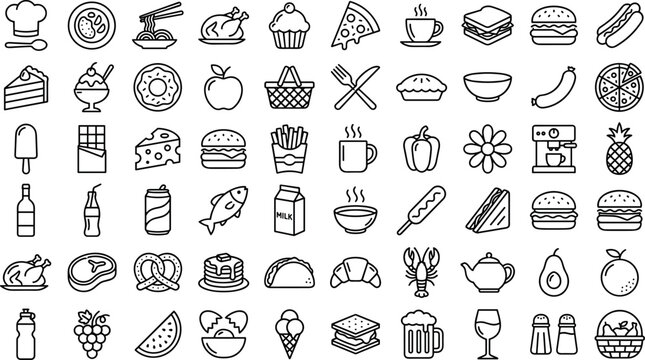 Food and Restaurant Line Icon Set with Fast Food Dessert and Beverage Symbols for Menu Design and Apps