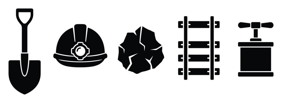 Set of mining tools and equipment icons for industrial themes and business applications