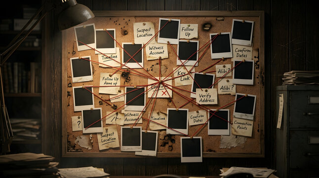 Pinning white pictures with red thread to the detective investigation board. Detective evidence board with blank papers, empty photo frame pinned to corkboard.