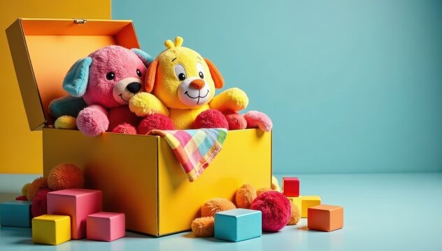 Colorful toy box overflowing with plush toys and blocks, toys, generosity