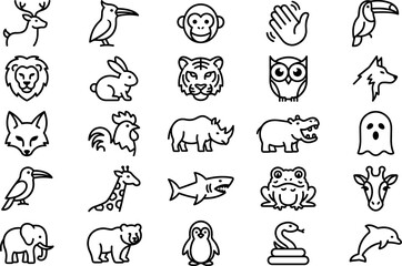 Fototapeta premium Animals and Wildlife Line Icon Set with Zoo Fauna Outline Symbols for Kids Educational Apps