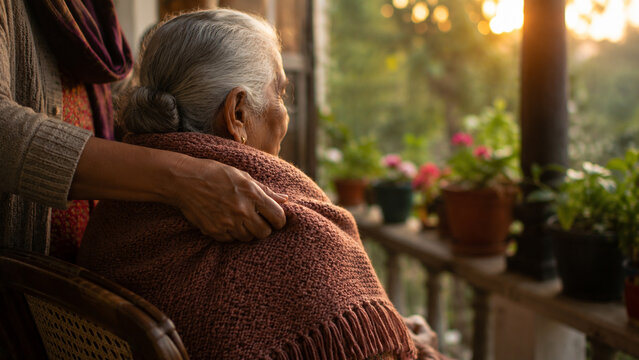 A person&rsquo;s hand gently placing a hand-knitted warm shawl around the shoulders of an elderly woman, comfort and care concept