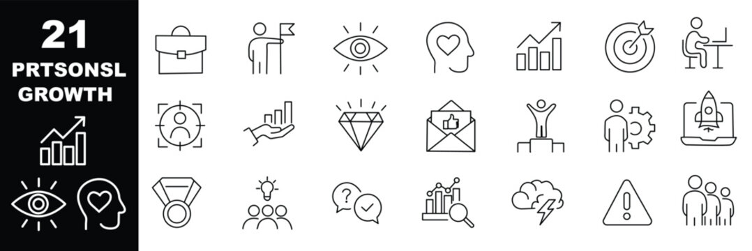 Personal growth web icons. Editable stroke. Growth profit, career progress, business people, strategy, coaching, tutorship, collection.