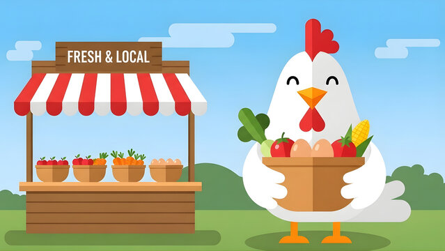 Cute Farm Chicken at Fresh Local Market Stall Illustration