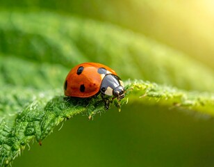 Fototapeta premium Ladybug insect on green leaf illuminated by sunlight close up photography