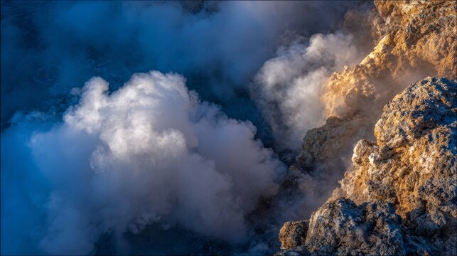 Sulfurous Vapor Emanating from Rocky Outcrop in Volcano Landscape