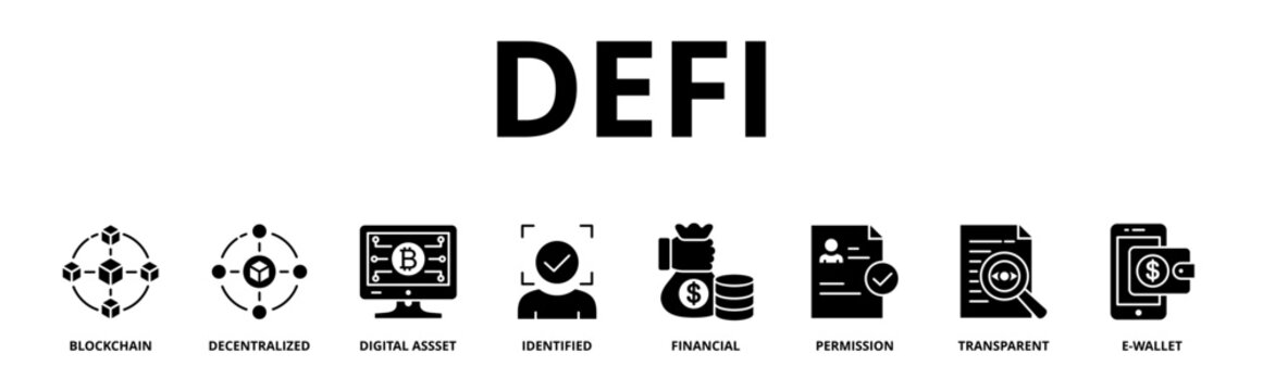 Defi banner web icon vector illustration concept with icon of blockchain, decentralized, digital assset, identified, financial, permission, transparent and e-wallet 