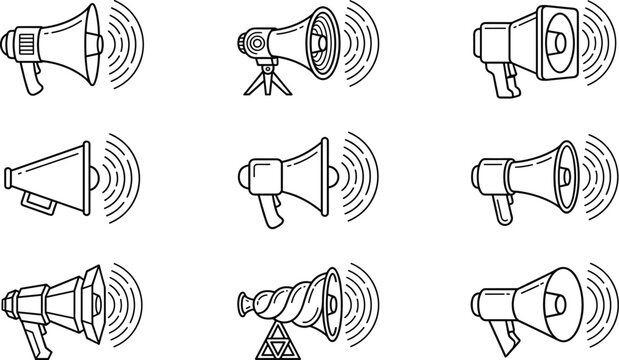 Megaphone and Loudspeaker Icon Set with Sound Waves Outline Vector Collection for Announcement Broadcast and Marketing Design