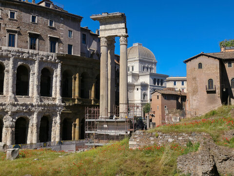 Theater of Marcellus and Temple of Apollo Sosianus ruins in Rome, Italy