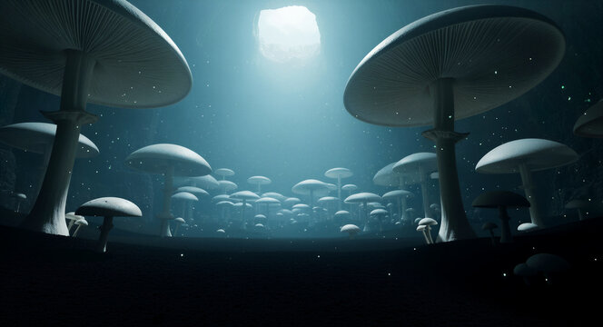 Giant white mushrooms grow in a dark cave under a beam of light. Ethereal glowing spores float in a misty blue atmosphere. Fantasy concept ideal for sci-fi backgrounds and game design.