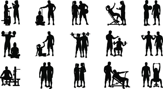 Collection of disability and accessibility silhouettes with people using wheelchairs, crutches, cane and assistance support