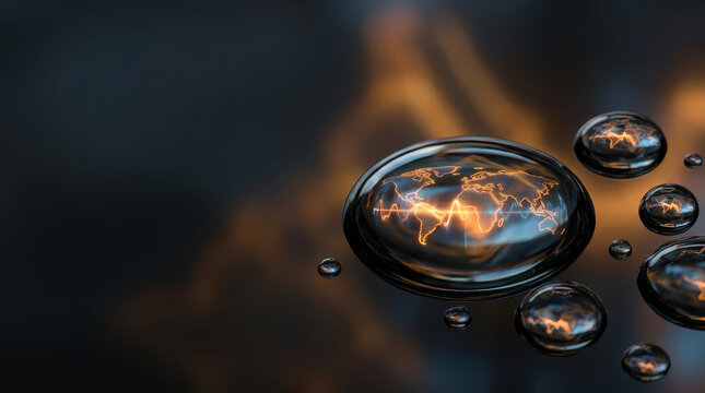 Global inflation impact concept with world map and financial graph reflected in water drop symbolizing economic changes and market fluctuations in digital abstract background