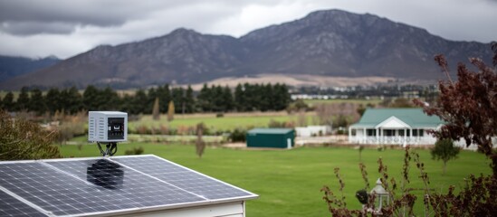 Naklejka premium Solar panels on a roof with mountains.