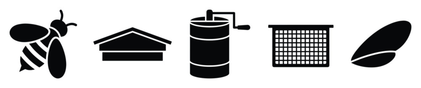 Set of beekeeping icons featuring honey bee, hive, extractor, queen excluder, and wing for apiary