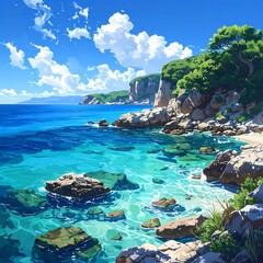 Obraz premium A serene rocky coastline with crystal-clear turquoise water and lush greenery