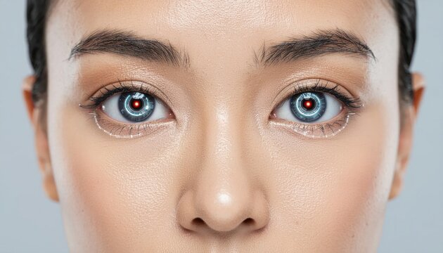 Close up of woman face with digital iris scan.