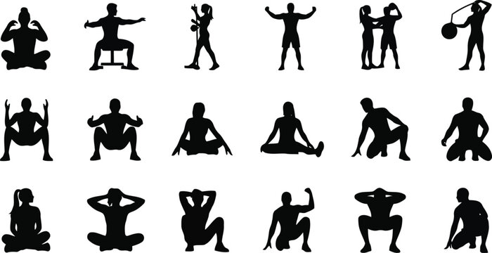 Set of black yoga and fitness exercise silhouettes in different stretching and meditation poses on white background