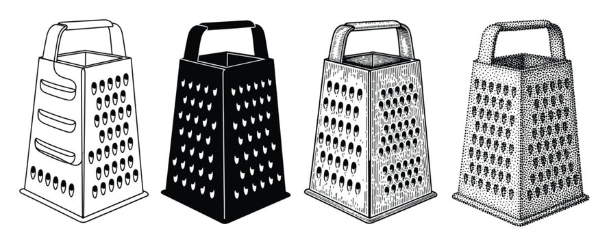 Set of kitchen box graters presented in diverse black and white graphic styles for cooking resources