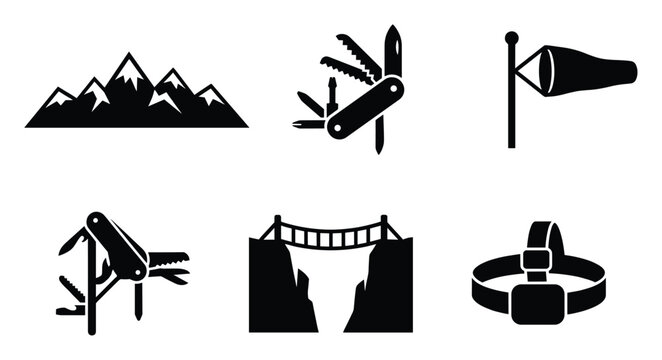 Set of outdoor adventure icons including mountains windsock multi tool bridge and headlamp for