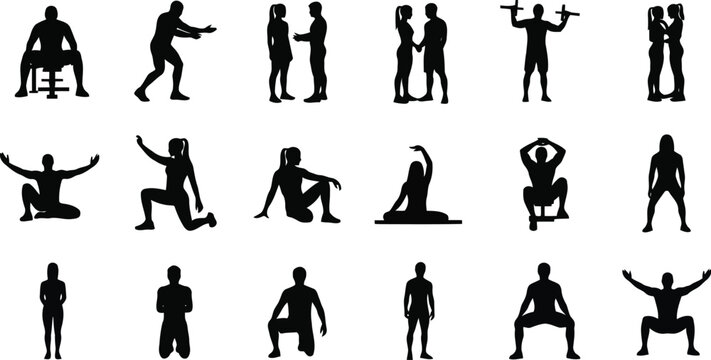 Set of Black Fitness and Yoga Silhouettes in Various Exercise Poses Isolated on White Background