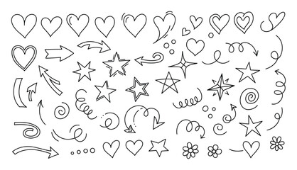 Naklejka premium Set of various handdrawn hearts stars and arrows for decorative fun and creative projects