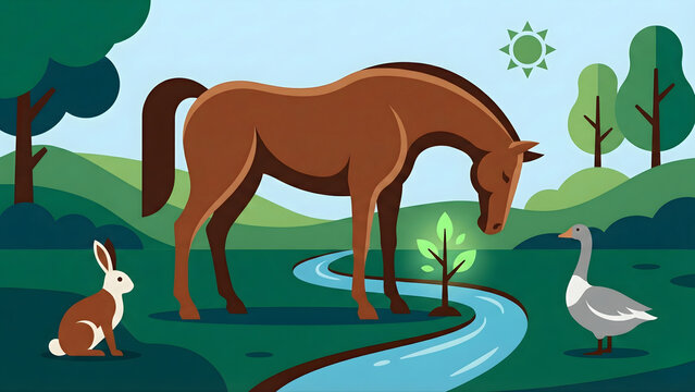 Farm Horse Grazing Beside Stream in Peaceful Countryside