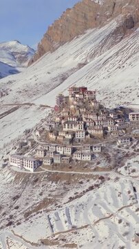 Vertical Aerial View of Key Monastery in Snow Covered Spiti Valley Himachal Pradesh