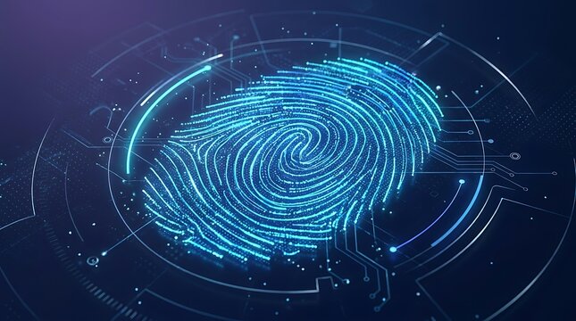 Digital fingerprint scanner glowing with blue light for biometric security identification and data protection technology concept