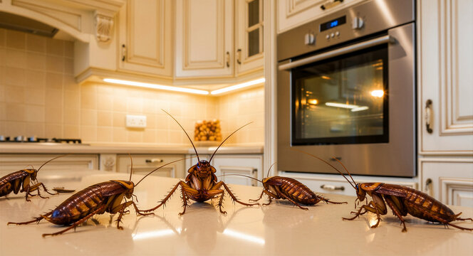 Large cockroaches crawling on a clean kitchen countertop. Several brown insects infesting a modern home kitchen. Pest control concept, ideal for extermination services and hygiene campaigns.