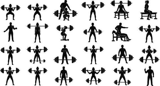 Set of black fitness exercise silhouettes showing weightlifting, stretching and workout poses isolated on white