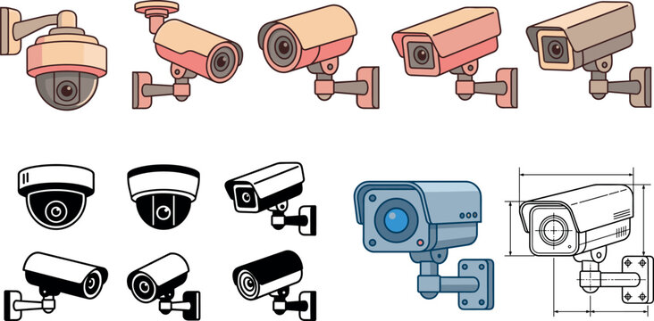Security Camera Icon Collection with CCTV Surveillance Systems, Monitoring Equipment, Dome Cameras, and Protection Technology Vector Illustration Set