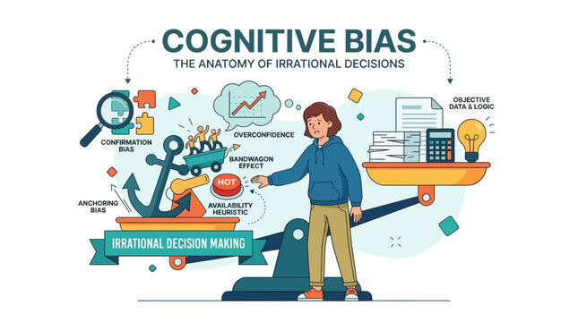 A person interacts with an irrational decision model anchor surrounded by cognitive bias elements on a colorful infographic.