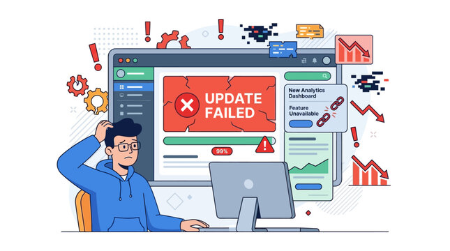 Frustrated man experiencing computer update failed at office desk with error
