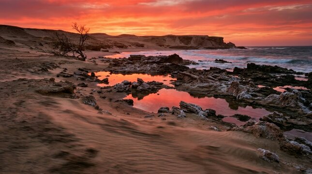 Vibrant orange sunset over a rocky coastline with tide pools reflecting the dramatic sky and windblown sand dunes in the foreground