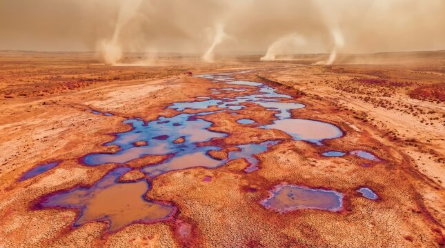 Surreal alien planet landscape featuring vibrant blue liquid pools on cracked red earth under a hazy orange sky with multiple swirling dust devils in the distance.