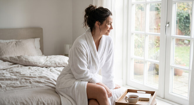 A woman in a white bathrobe sits on a bed next to a window, looking outside with a cup of tea on a tray.