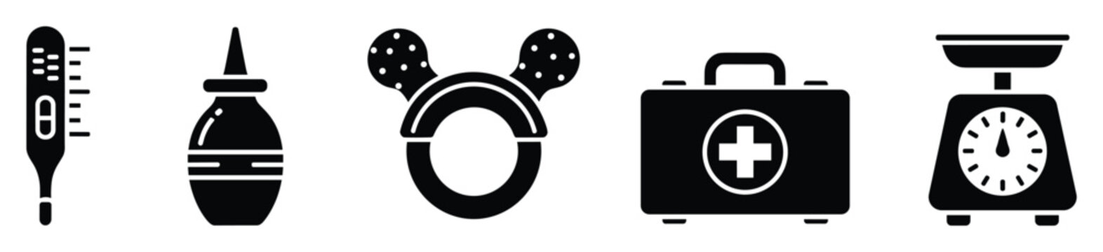Set of essential baby health and care equipment black glyph icons for parenting design needs