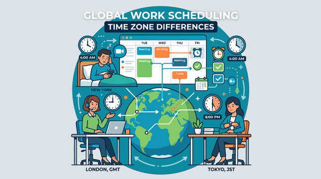 Global team members work together on schedules across different time zones with laptops and clocks