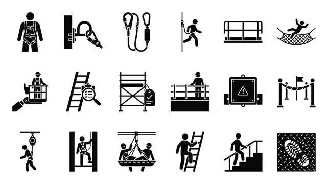 Set of worker safety and fall protection icons for industrial and construction projects