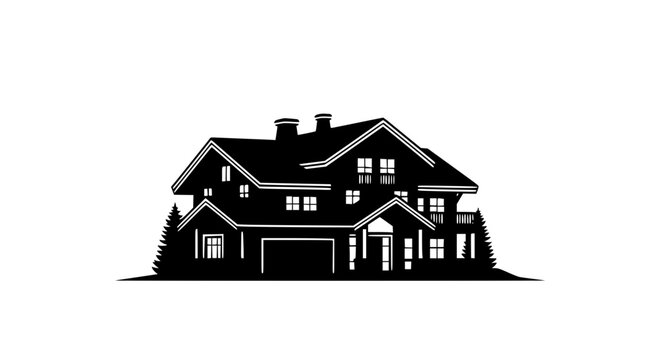 Black and white silhouette of a rustic mountain chalet house lodge