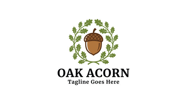 Brown acorn centerpiece encircled by green laurel leaves forming a circular emblem for branding