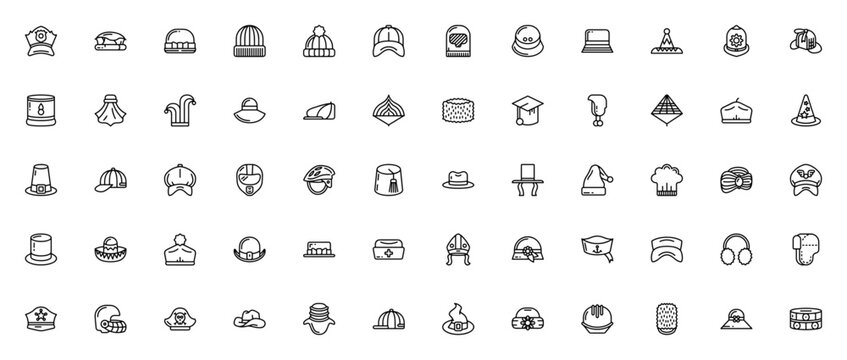 Hats icon set. Minimalist vector icons pack. Featuring police hat, beanie, cap, balaclava, santa hat, top hat and more. Editable vector stroke.
